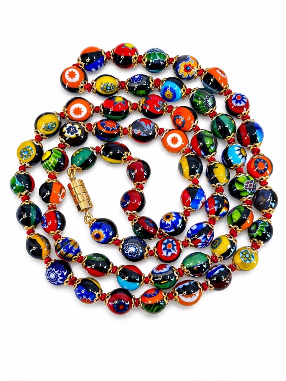 Italian Millefiori Murano Glass Bead Necklace Hand Knotted 28 inch